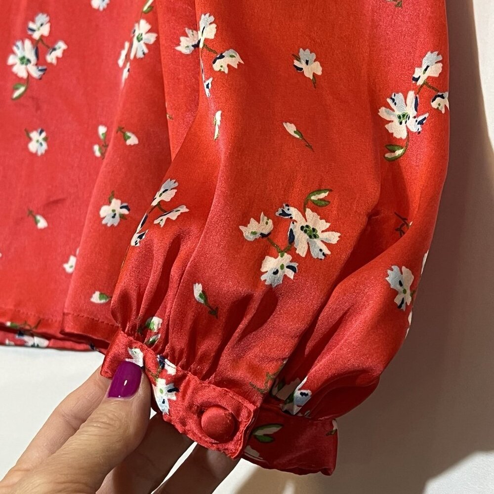 asos Women’s Top Size 2 Red Floral Blouse Long Sleeve Open Back Christmas - Picture 9 of 13